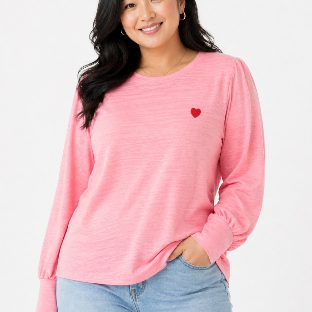 LOFT Pink Long-Sleeve Tee with Red Heart Embroidery XL